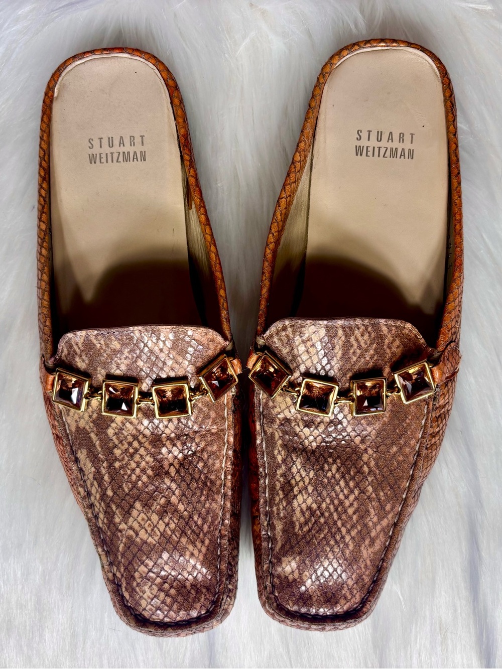 STUART WEITZMAN Brown Snake-Print Slip-On Mules w/Gold Chain